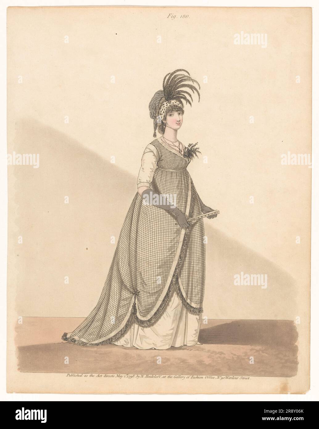 Gallery of Fashion, 1798. Standing woman in checkered dress with fan ...