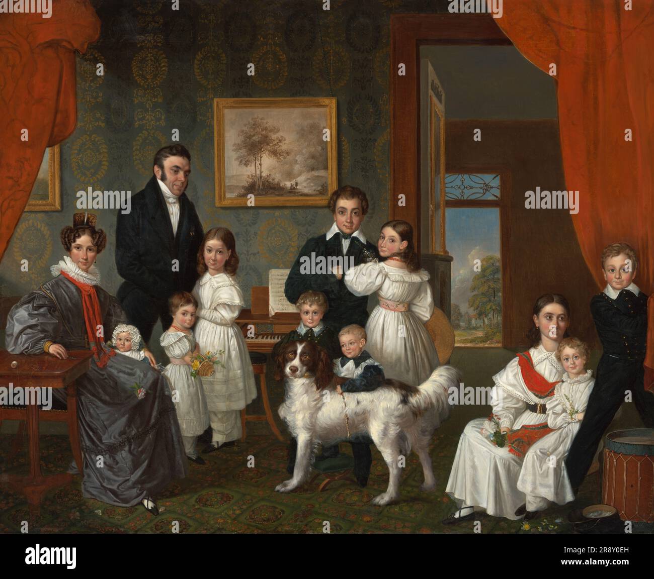 Portrait of the Baud family in their country house in Voorburg, 1831-1832. Baud 1789-1859) was Governor-General of the Dutch East Indies from 1833 until 1836. The painter Raden Saleh is considered to be the first &quot;modern&quot; artist from Indonesia (then the Dutch East Indies). He travelled to Europe to study painting, and became the first indigenous Indonesian to be initiated into Freemasonry. After 20 years in Europe he returned to the Dutch East Indies and worked as conservator for the colonial collection of government art, and acted as court painter to the Governors-General. Stock Photo