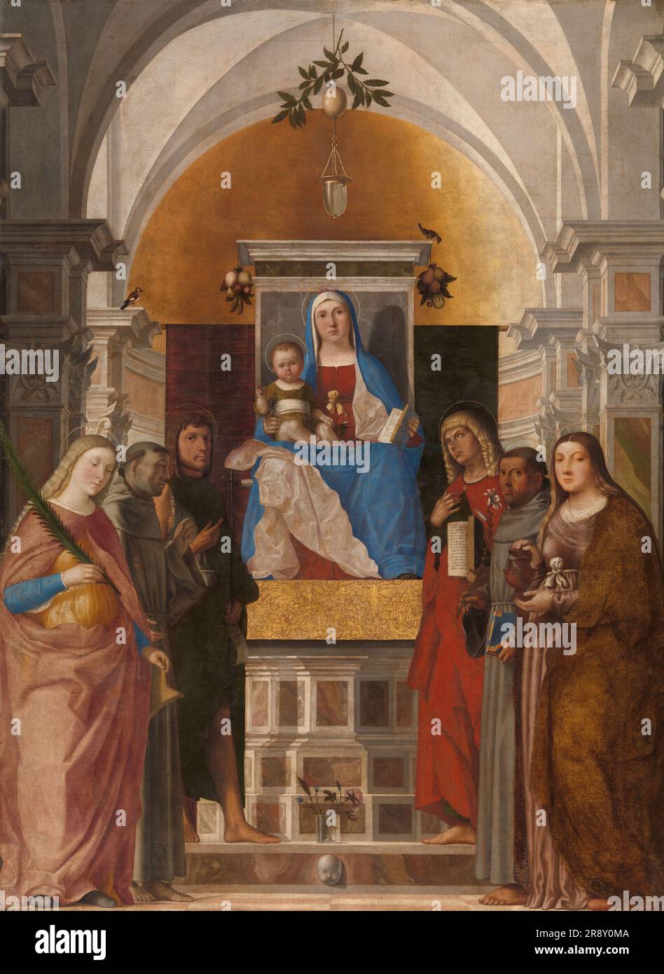 Madonna and Child with Sts Catherine, Francis of Assisi, John the Baptist, John the Evangelist, Antony of Padua and Mary Magdalene, 1510-1520. Stock Photo