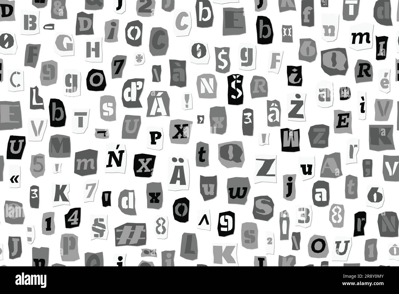 Seamless ransom pattern Collage style letters, numbers cut from newspapers and magazines. Vintage ABC collection. Black and white punk typeface Stock Vector