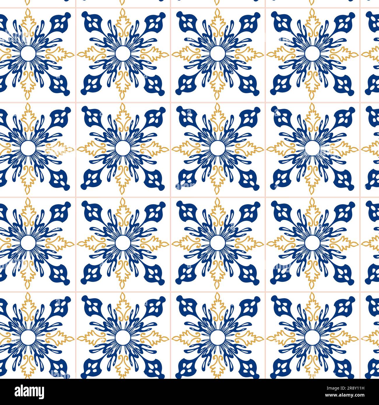 Geometry seamless pattern in Portugal style yellow and blue ornament. Azulejo vector, fashion interior design tiles. Ornamental textile background Stock Vector