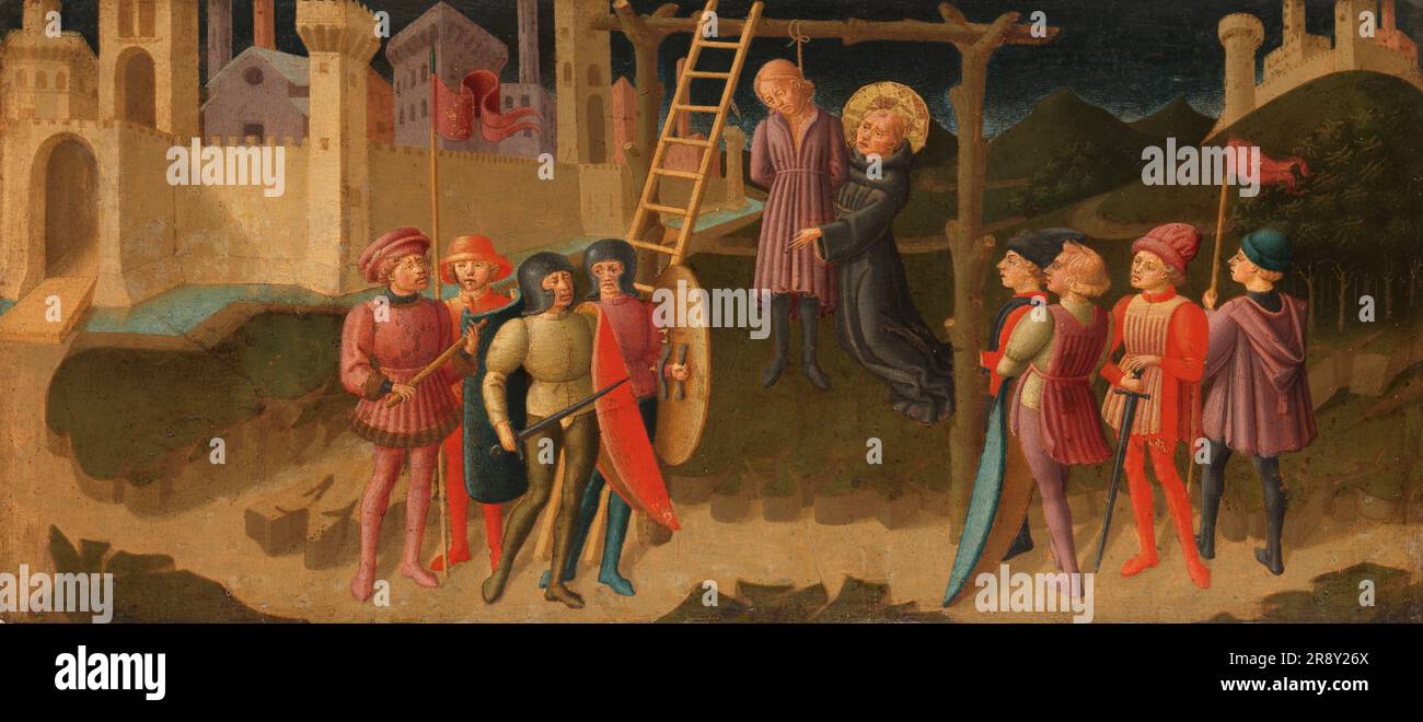 Saint Nicholas of Tolentino Saving a Hanged Man, c.1470. Saint Nicholas was renowned for his charitable deeds in the central Italian town of Tolentino. He is here shown in the robes of an Augustinian friar, performing one of the many posthumous miracles that led to his canonisation in 1446. Stock Photo