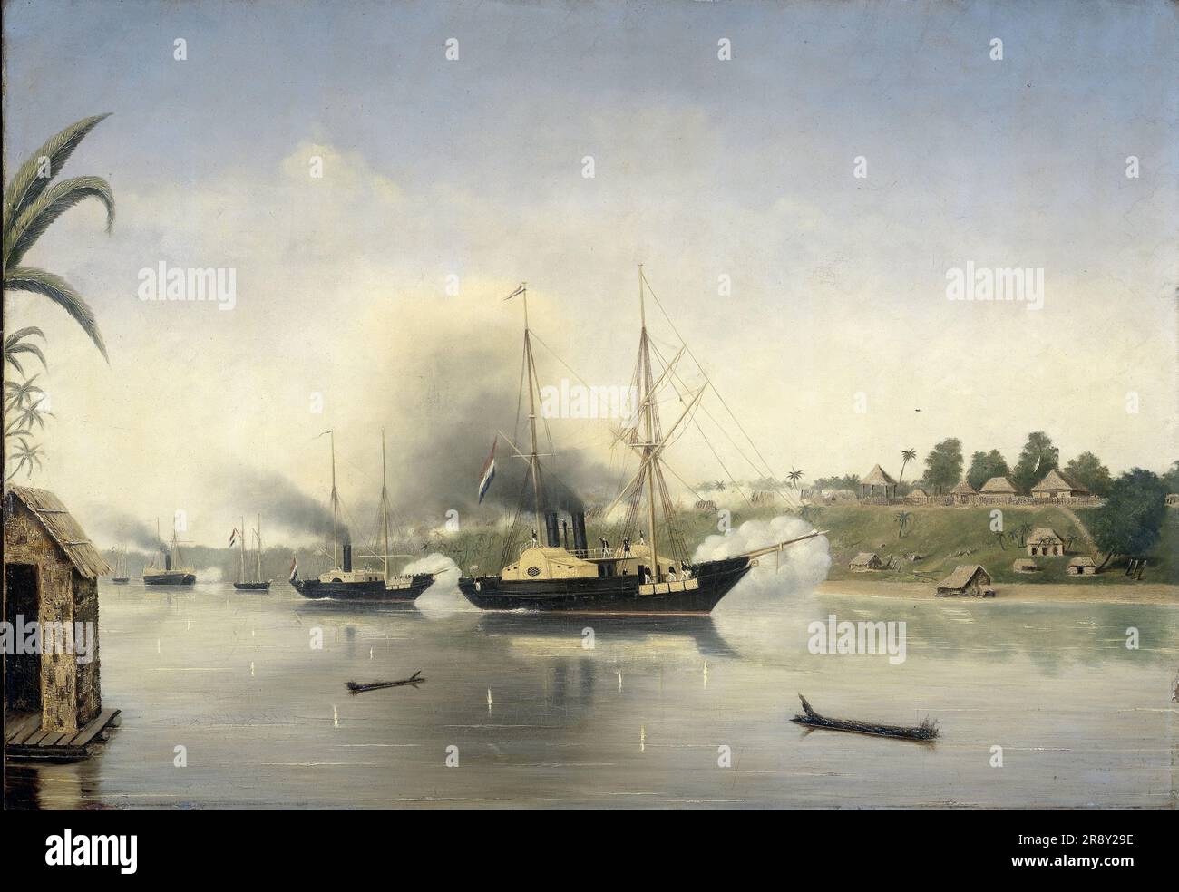 The shelling of the Sultan of Jambi's Kraton (Palace) by the government naval vessels 'Celebes', 'Admiraal van Kinsbergen' and 'Onrust' on 8 September 1858, 1858-1865. The Sultanate of Jambi (Djambi in Dutch) in northern Sumatra, was annexed by the Dutch during the 19th century. Stock Photo