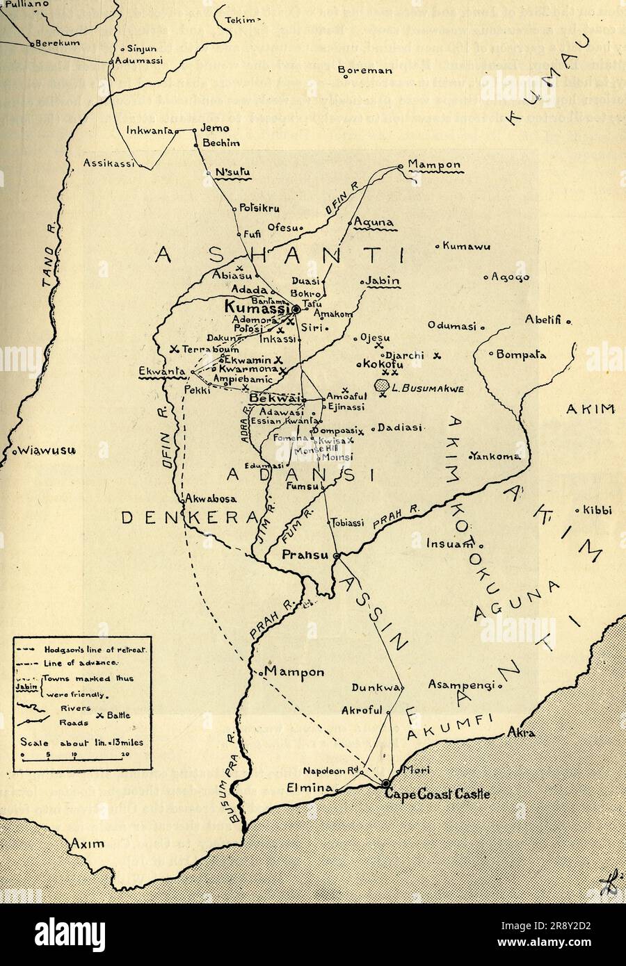 'Sketch Map of the Theatre of War in Ashanti, 1900', c1900. Showing Hodgson's line of retreat, line of advance, 'friendly' towns, rivers, roads and sites of battles. The Anglo-Ashanti wars were fought between the Ashanti Empire and the British Empire and its African allies in what became the Gold Coast, and later, Ghana. The British ultimately prevailed, resulting in the complete annexation of the Ashanti Empire by 1900. From &quot;Cassell's History of England, Vol. IX&quot;. [Cassell and Company, Limited, London, Paris, New York &amp; Melbourne] Stock Photo