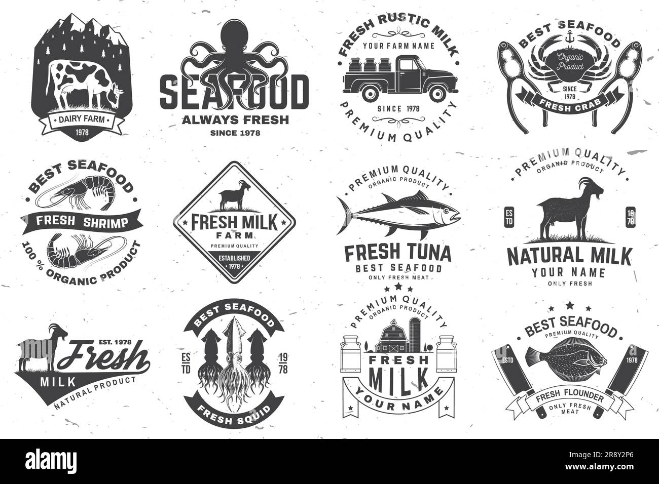 Fresh seafood and rustic milk badge, logo. Vector. Typography design