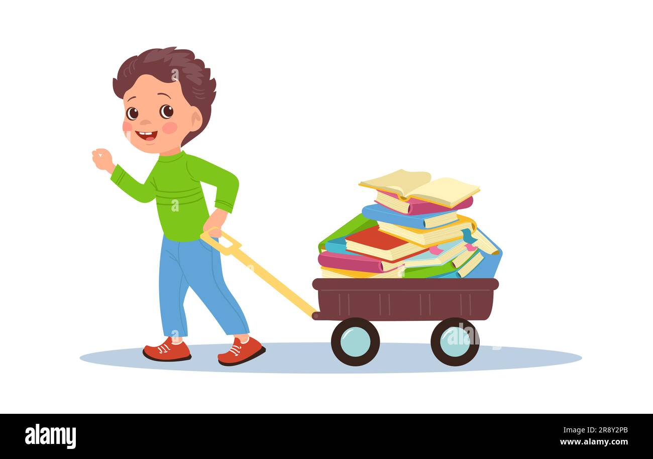 Thirst for knowledge. Clever boy pulling cart with bunch of books