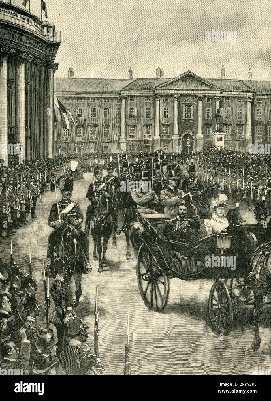 'The Visit of the Duke and Duchess of York to Dublin', 1897, (c1900). The future King George V and his wife Mary of Teck on a royal visit to Ireland, '...touring the distressful country for three weeks. The Royal visitors were welcomed at Dublin with an enthusiasm that swept aside all sombre prognostications and increased with each day of their sojourn in the Emerald Isle...The tour was a brilliant success from a social, and a happy experiment from a political point of view, and the 'Times' summed up the result by asserting that &quot;the spirit of loyalty to the Throne was, at least, as stron Stock Photo