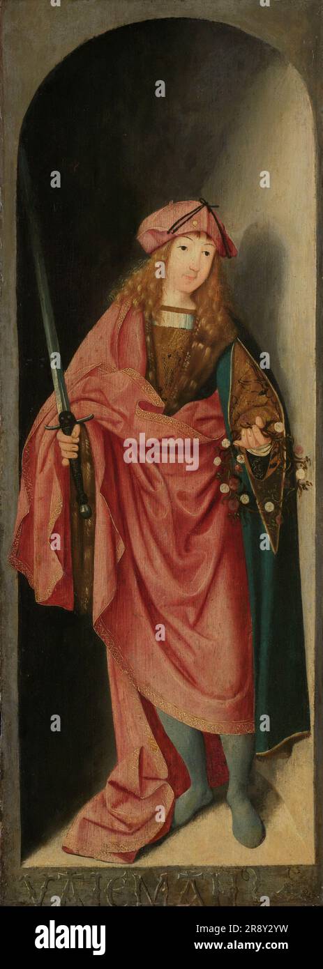 Saint Valerian, left wing of a triptych, c.1490-c.1500.Valerianus is holding a garland of flowers and a sword (the latter the symbol of his martyrdom). The garland of roses held by Valerianus are an allusion to the flowers with which they were crowned by the angel to mark their lives of chastity. Stock Photo