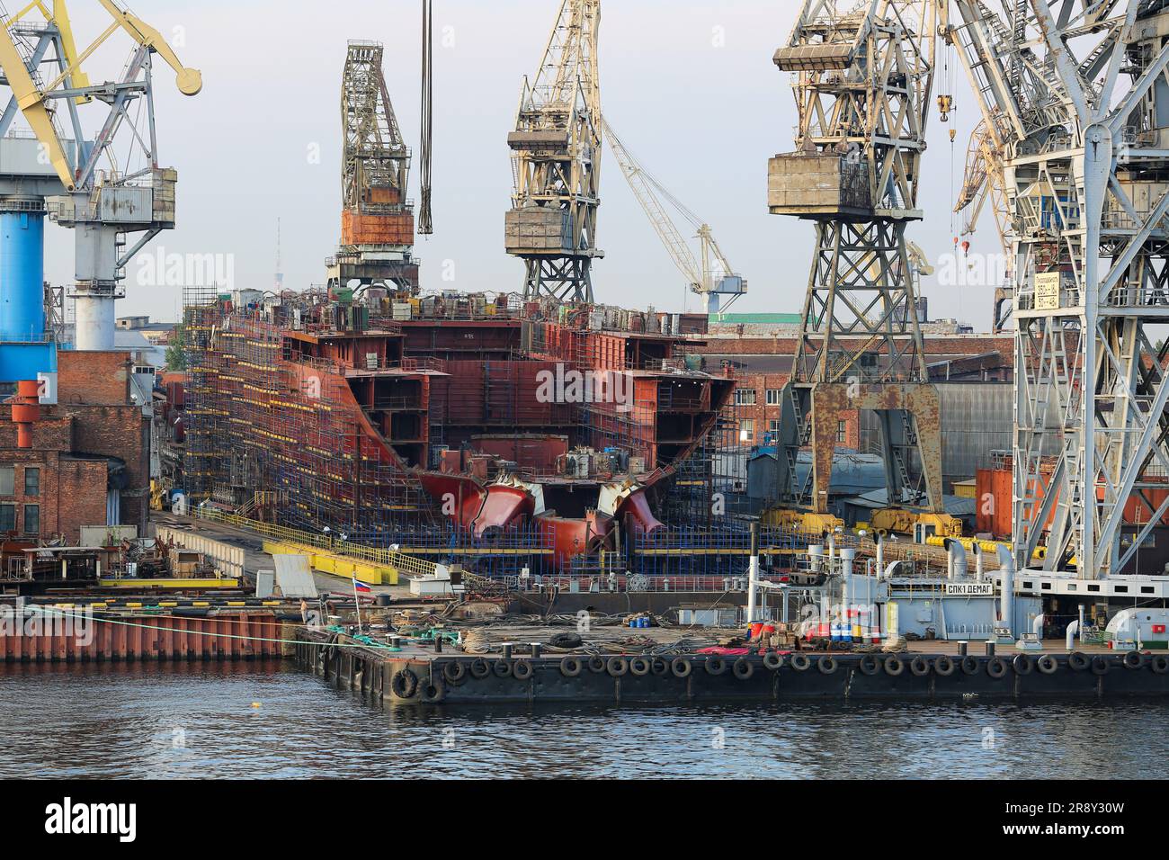 Russian icebreaker Ural (Урал), world's largest & most powerful nuclear powered icebreakers under construction, Baltic Shipyard drydock, St Petersburg Stock Photo