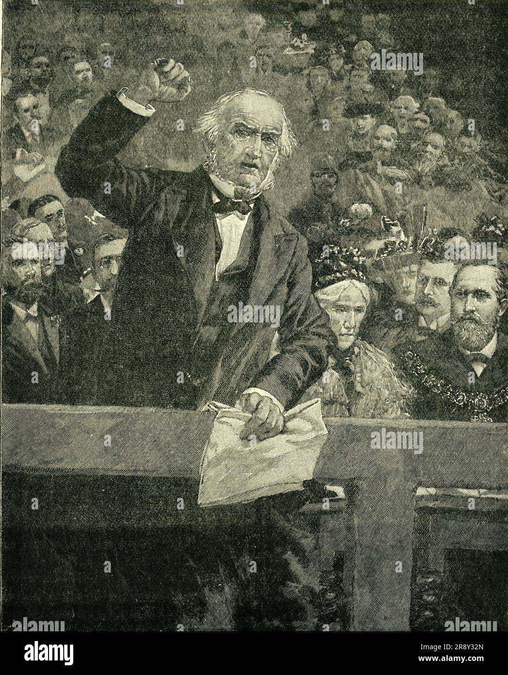 'The Armenian Atrocities: Mr. Gladstone Denouncing The Sultan at the Meeting in Liverpool', c1900. In 1896, in his last noteworthy speech, British politician William Gladstone denounced the 'Hamidian massacres', carried out by the Ottomans under Sultan Abdul Hamid II. From &quot;Cassell's History of England, Vol. IX&quot;. [Cassell and Company, Limited, London, Paris, New York &amp; Melbourne] Stock Photo