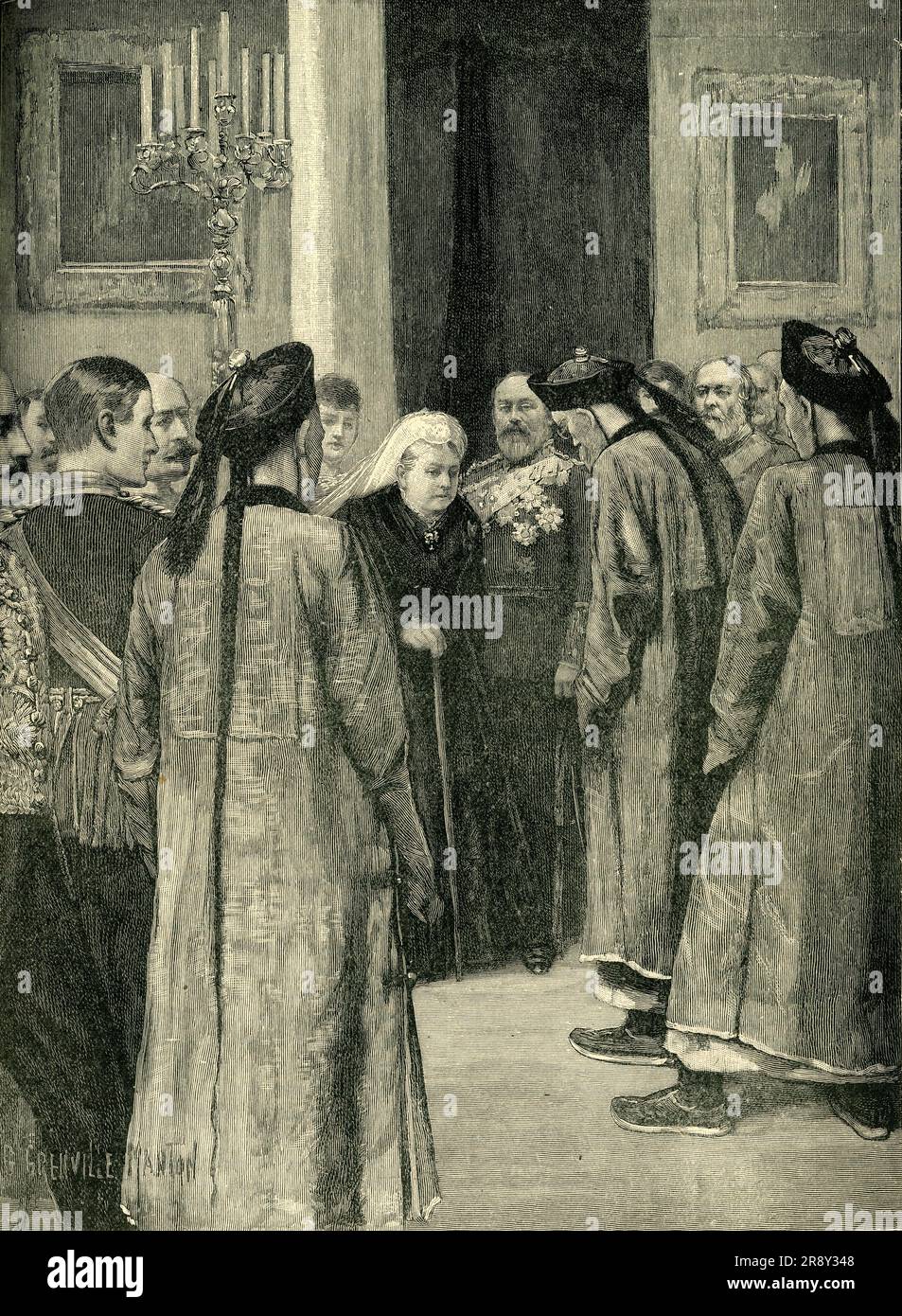 'Visit of Li Hung Chang to the Queen at Osborne', c1900. Chinese diplomat Li Hongzhang, Viceroy of Zhili, with Queen Victoria at Osborne House in 1896. '...he failed to give the extensive orders for ships and materials of war that some of his entertainers had hoped for, and the general feeling was that too much fuss had been made over him'. From &quot;Cassell's History of England, Vol. IX&quot;. [Cassell and Company, Limited, London, Paris, New York &amp; Melbourne] Stock Photo