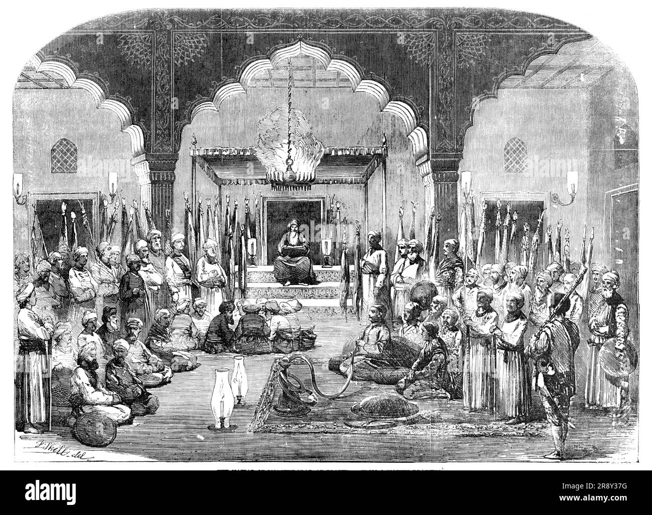 The Nawab of Morshedabad at Prayer, from a native drawing, 1857. 'The Engraving representing the Nawab of Morshedabad at Prayer...gives a faithful idea of the interior of a Mahometan place of worship; the congregation squatting down, or standing about as they list, in a sort of half-dreamy state; and at stated passages in the prayers performing the genuflexions and salaams appointed by the ritual'. From &quot;Illustrated London News&quot;, 1857. Stock Photo