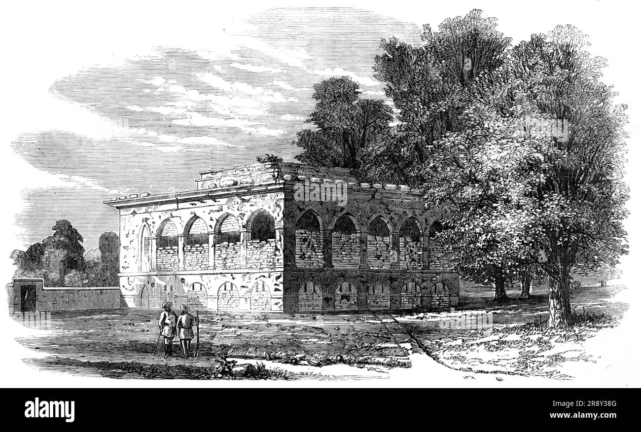 House at Arrah Fortified against the Dinapore Mutineers - from a sketch by Major V. Eyre, 1857. 'A lithograph of the house, from a sketch by Major V. Eyre, has been published at Calcutta, whence our View has been engraved. The lithograph bears the following superscription: &quot;Sketch of the House at Arrah. Fortified by Mr. Boyle, District Engineer, E. I. [East India] Railway, and defended by him and Mr. Wake, Magistrate, with 50 Sikhs and the English residents, for seven days against three mutinous regiments from Dinapore. Siege raised 3rd August, 1857. Print dedicated to the heroic garrison Stock Photo