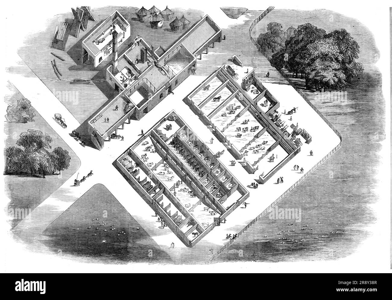 Farm Buildings erected for the Earl of Macclesfield, at Shirburn, Oxon., 1857. View '...without the roofs...One main feature in the buildings is the extensive nature of the machinery department, and the several purposes for which steam power is made available - viz., for thrashing the corn of the farm, cutting chaff for the horses and cattle, crushing oats and beans, grinding corn, drawing water from a deep well to supply a cistern, from which the water is conveyed by iron piping throughout all parts of the homestead, and also for sawing timber, both in the round and in plank, for the use of t Stock Photo