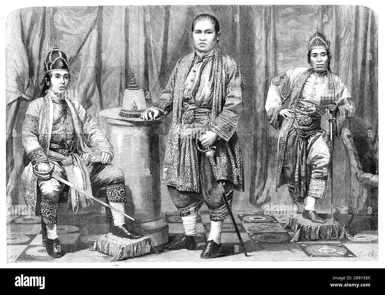 The Siamese Ambassadors - from photographs by Mayall, 1857. 'The three Ambassadors were not attired in that gorgeous costume to which Orientals have accustomed us; and their lower limbs (which at home go unscathed) were here cased in a European fashion, which contrasted laughably with their upper and more flowing garb. The chief Ambassador wore a hat with the broadest of brims, relieved by gold embroidery. The two other Ambassadors wore helmet-shaped  caps. Phya Mantri Suriywanse and Chau Mun Sarbbedh Bhacty are the representatives of the First or Major King of Siam. Cha-mun Mondir Bidacks is Stock Photo