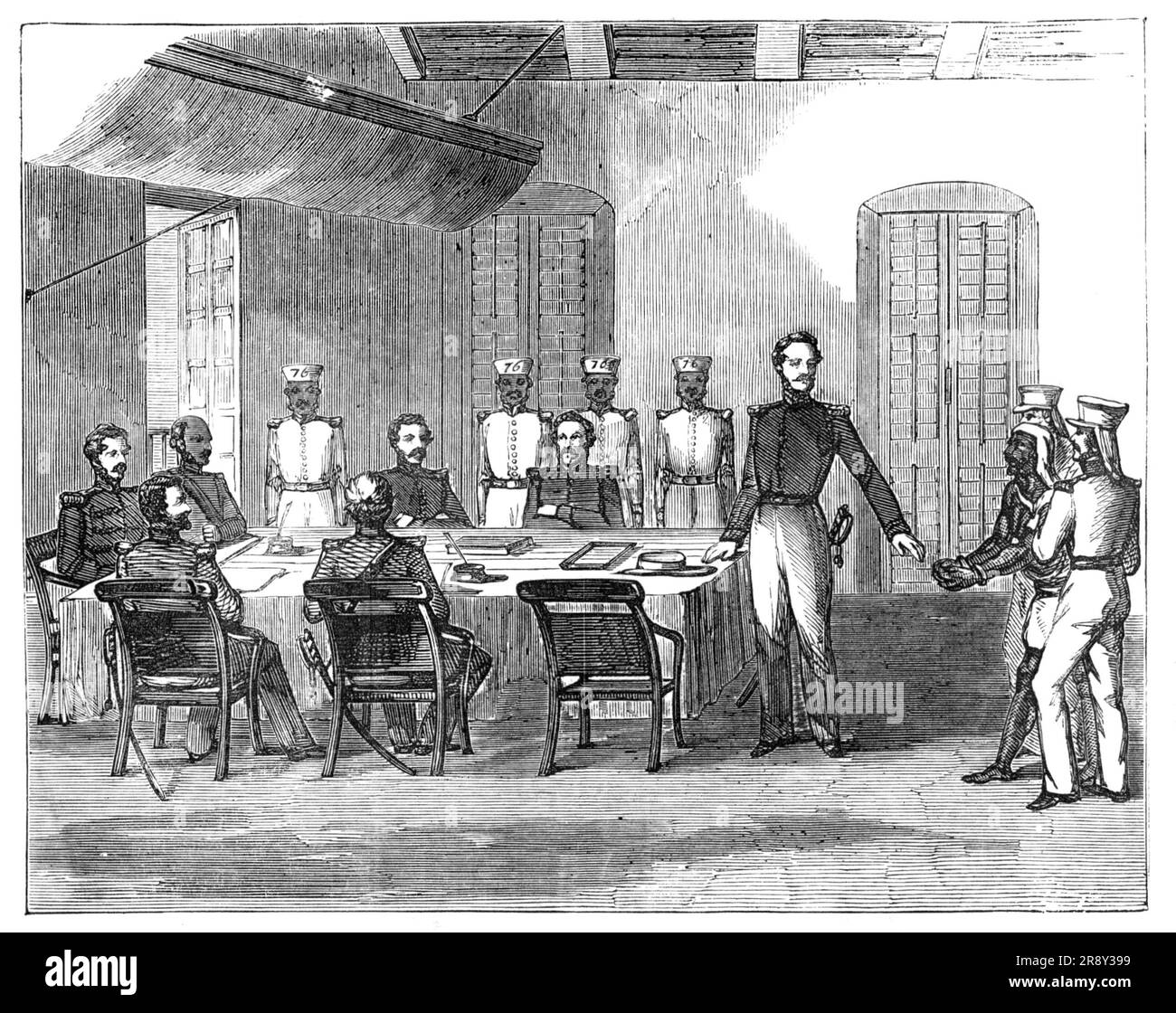 Trial of Native Prisoner by General Court-Martial, at the Main Guard, Fort William, Calcutta, 1857. '...a native was tried for attempting to seduce the sepoys of the 70th Native Infantry in Calcutta from their allegiance, by holding out to them promises of arms, ammunition, and aid from 18,000 of the native population; and that a similar scene might be enacted by them as that performed by their countrymen at Cawnpore. He was, however, reported by one of the sepoys, and brought to justice. He called himself a moulvie, or hafiz, of the regiment, and made that his excuse for being among the Mussu Stock Photo