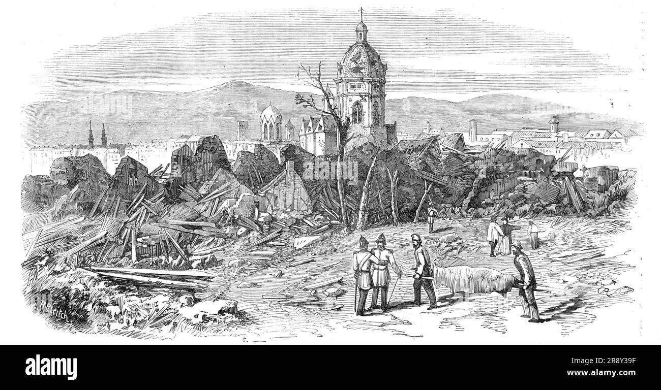 The Late Explosion at Mayence - St. Stephen's Church from the Site of the Powder Magazine, 1857. 'This old town, the nearest fortress on the frontier towards France, and the strongest hold of the German Bund, suffered on Wednesday, November 18, a most grievous calamity. At five minutes past three o'clock in the afternoon a tremendous explosion, with, a shock like an earthquake, made town, fortress, and surrounding country rock again. The powder-magazine in the south-west quarter, called the Kastrich of the town, near the Boniface battery, was in the air...the ancient Stephans-Kirche a windowle Stock Photo
