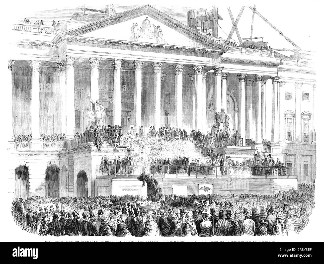 Inauguration of Mr. Buchanan, as President of the United States, at Washington - from a photograph by Whitchurch, 1857. View of '...the ceremony in front of the portico of the Capitol...engraved from a photograph by Whitchurch...Mr. Buchanan rose, and in a clear and strong voice, delivered the inaugural address. The President's remarks were frequently interrupted by loud applause; and on its conclusion cheer after cheer greeted the speaker. The oath of office was administered by the venerable Chief Justice; after which the members of the Senate, preceded by the Vice-President, Secretary, and S Stock Photo