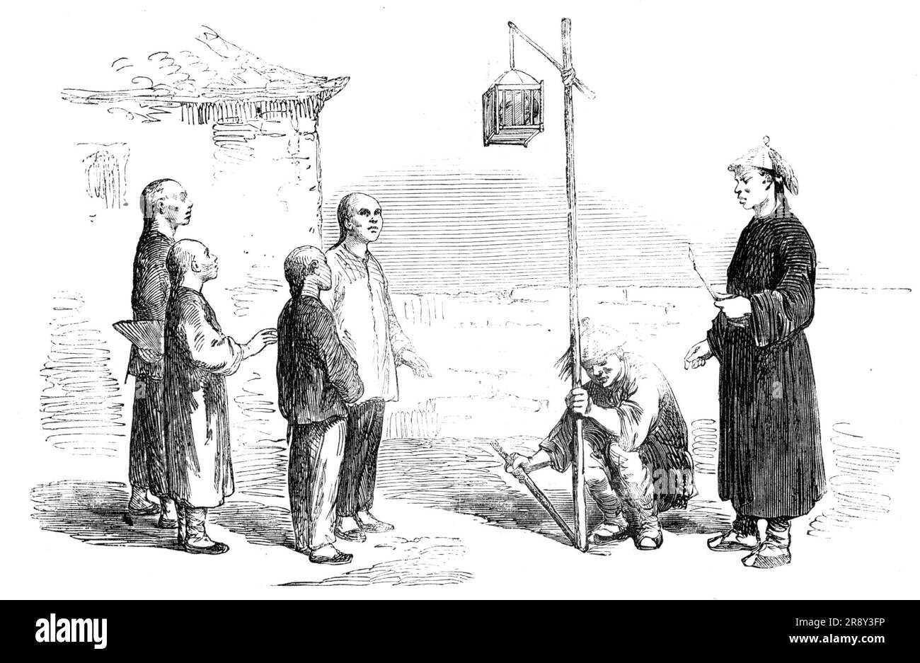 Head of a Chinese Criminal exposed in a Cage to his Children, from a drawing by a Chinese artist...1857.  'The penal code of China...is marked by great barbarity. The punishments are in general most cruel, and ill proportioned to the crimes for which they are inflicted: for the slightest offence a mandarin is degraded, banished, and even deprived of all property. [The iIllustration is]...selected from a series of beautifully-executed drawings in colours, upon rice- paper, in a small folio volume, which has been obtained in Canton by an officer of the Hon. East India Company's Service...[It sho Stock Photo