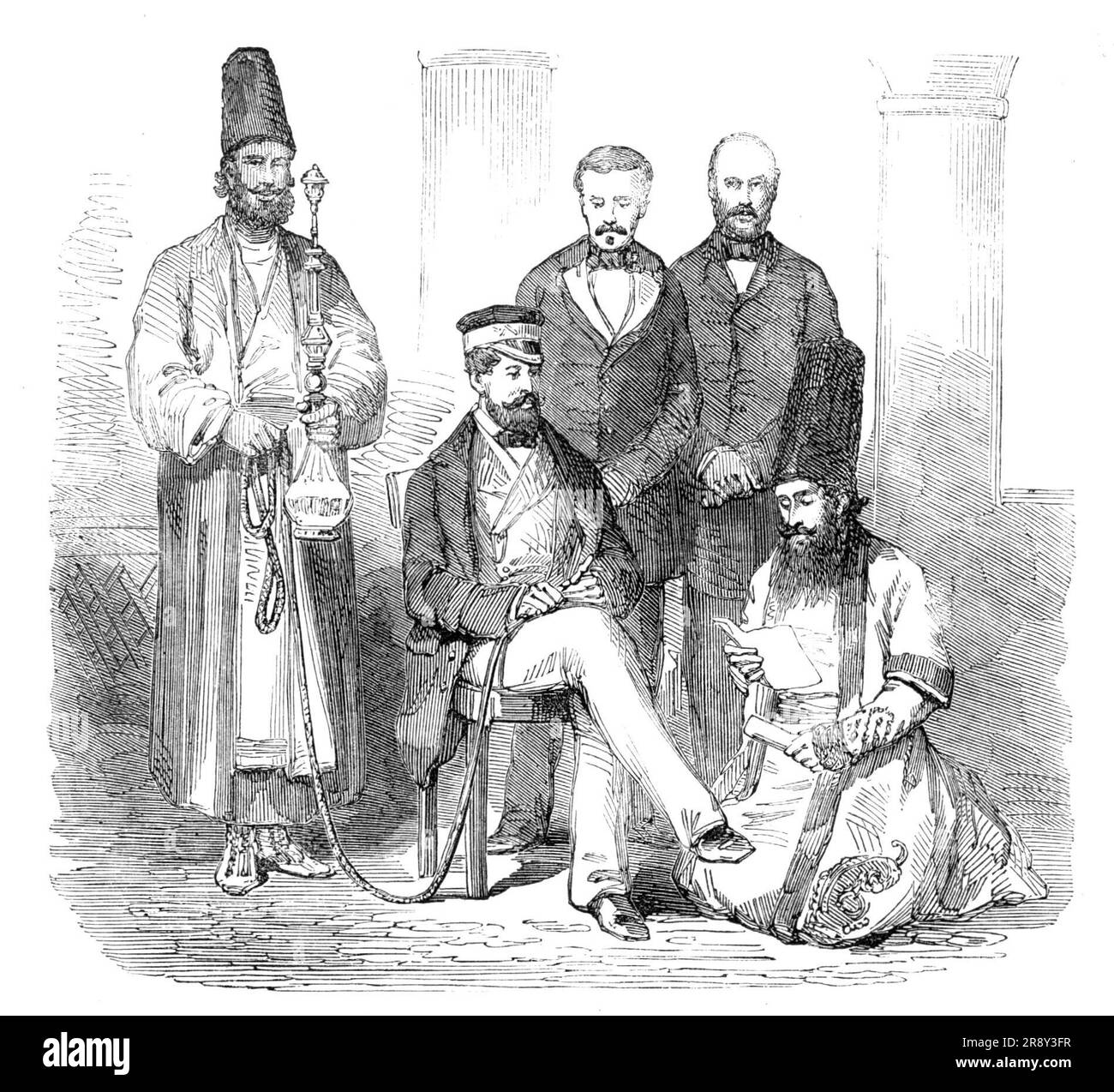 Sketches in the Persian Gulf - the Hon. Mr. Murray and his suite - from a photograph, 1857. Engraving after a photograph by 'Major H. Ban, Paymaster of the Field Force in the Persian Gulf...[of] official personages and officers of the expedition and inhabitants of Bushire [Bushehr]'. Charles Murray (seated holding mouthpiece of huqqa pipe) was Envoy Extraordinary and Minister Plenipotentiary to the Shah of Persia. From &quot;Illustrated London News&quot;, 1857. Stock Photo