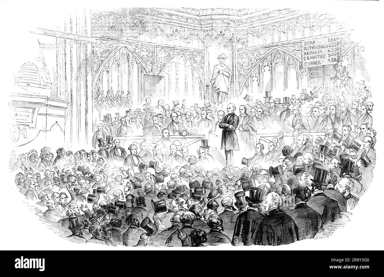 The City of London Election in Guildhall: Lord John Russell, M.P., returning thanks, 1857. 'Lord J. Russell, accompanied by various members of his committee, entered the hall, and took up a position on the hustings, amid loud cheers, which were vigorously renewed as the Guildhall clock indicated the close of the poll...[He] said: &quot;Gentlemen - You are no doubt aware that the time for the members returning thanks is when the poll is declared on Monday, and, as Baron Lionel Rothschild is not here, I should be very unwilling to make a speech at the present time, in his absence. Still, gentlem Stock Photo