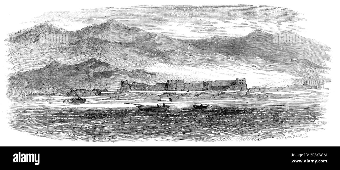 Bunder Deelum, in the Persian Gulf, 1857. The accompanying view of one of the numerous forts in the Persian Gulf has been sketched from the deck of the Hon. East India Company's steam-vessel Berenice by Assistant Surgeon L. S. Bruce, H.C.S. It affords a good specimen of the forts of the coast, as well as a view of the mountain scenery. Mr. Binning, in his &quot;Journal of Two Years' Travel,&quot; just published, describes the coast of Persia as now presenting no view but sterile, barren, and desolate chains of rocks and hills; and the general aspect of the Gulf is dismal and forbidding. Moore' Stock Photo