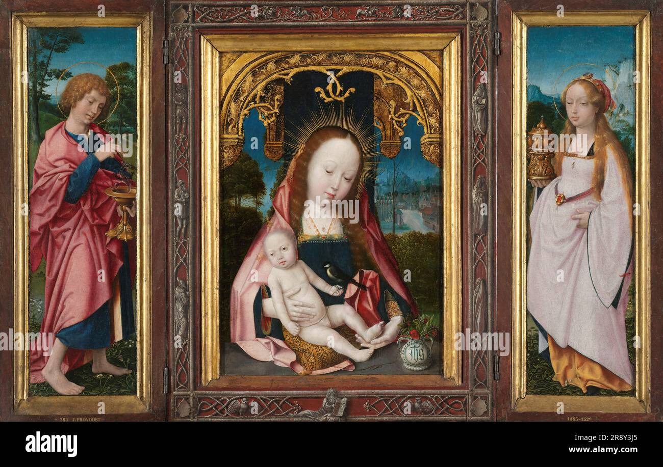 Triptych with Virgin and Child, Saint John the Evangelist (left wing) and Mary Magdalene (right wing), c.1505-c.1525. The Virgin, seated beneath an ornate canopy in the centre panel, is supporting the Christ Child, who is seated on a cushion on a stone balustrade. The latter is holding a goldfinch, a symbol of his Passion, which is tied by a chain to a small majolica vase decorated with Christ&#x2019;s monogram which holds red roses and lilies-of the-valley - symbols of Mary&#x2019;s virginity. St John the Evangelist is shown on the left wing as an apostle, young and beardless. He is recognisa Stock Photo