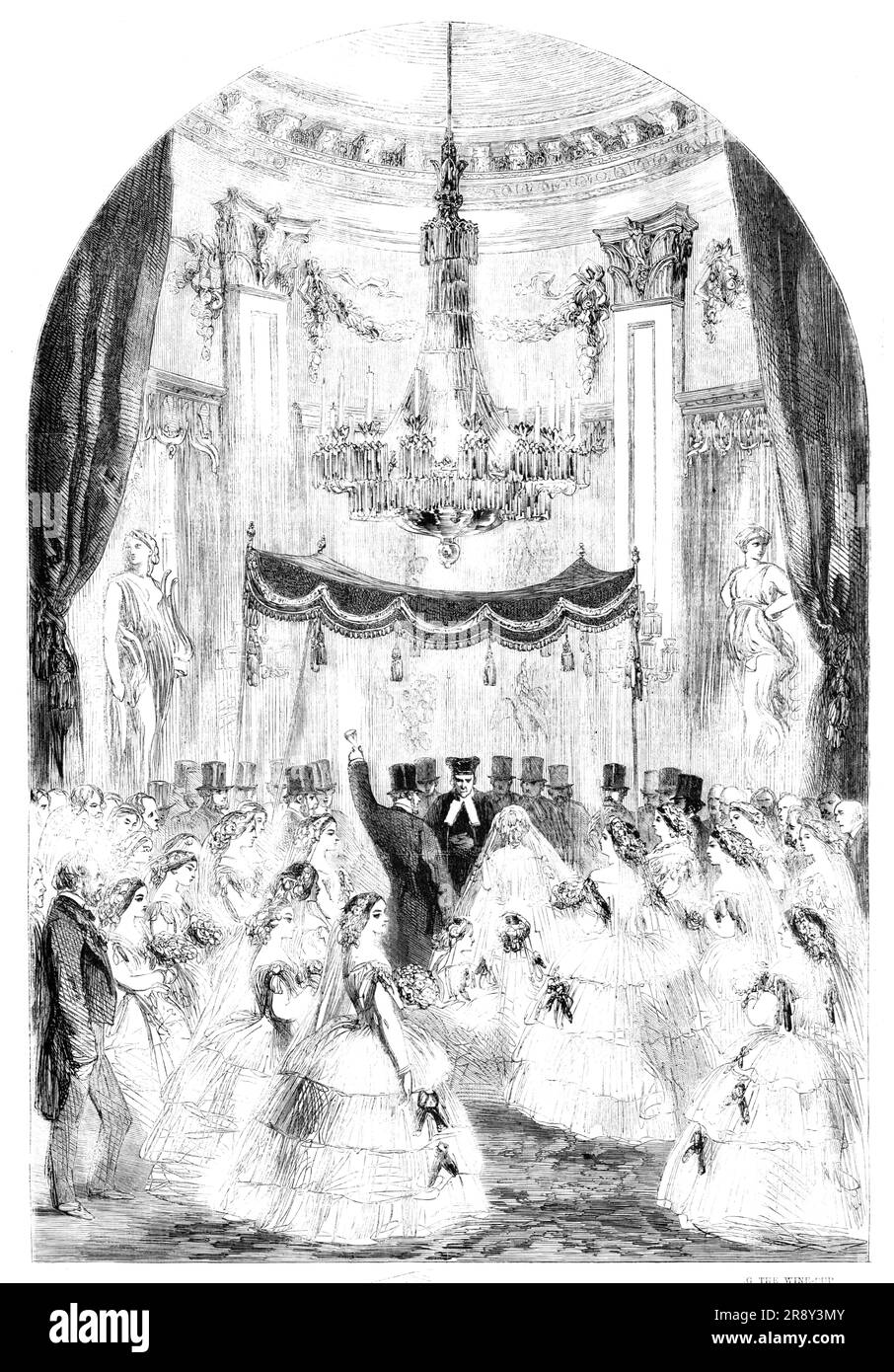 Marriage Ceremonial of the Baron Alphonse de Rothschild and Miss Leonora Rothschild [at Gunnersbury Park]: the Bridegroom Breaking the Wine-cup, 1857. 'The marriage contract having been read, the Chief Rabbi presented a wine-cup, and invoked on the wedding pair seven blessings. The Chief Rabbi then congratulated the pair, and offered up a supplication for the poor of the Land of Promise. The wine-cup, which the Hebrews regard as the symbol of blended joy and sorrow, was then taken by the bridegroom, who, after tasting the contents, threw the cup on the ground, when it was shattered into pieces Stock Photo