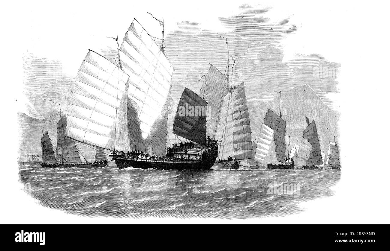 The War in China - Fleet of Chinese Pirates Preparing to Attack, 1857. 'One of the greatest evils the merchants' commerce of the China Seas has to contend with is the immense number of pirate craft which infest the channels of the numerous islands of that country; scarcely a bay or inlet affording a chance of cover or escape from an attacking force but swarms with hordes of these miscreants...their great speed under sail or propelled by sweeps, light draught of water, and the quantity of combustible annoyances with which they are always provided, make them the most dangerous adversaries which Stock Photo