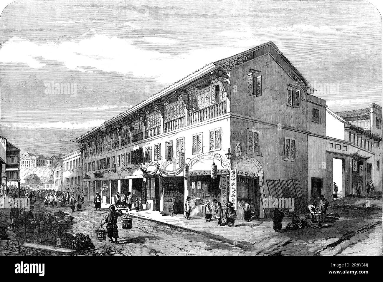 The War in China - Victoria Hong-Kong: Queen's-Road West, 1857. 'The interest attached to the town of Victoria, the capital of Hong-Kong, and the seat of the Colonial Government, has induced us to engrave the accompanying View of a principal street, from an original Sketch...Here the picturesqueness of the large Chinese building in the foreground, with its open bazaars, contrasts strangely with the plainness of the colonial structures beyond it. The labouring classes and small traders are chiefly Chinese, who are ever on the alert for gain. The bazaars invite the passing stranger in every stre Stock Photo
