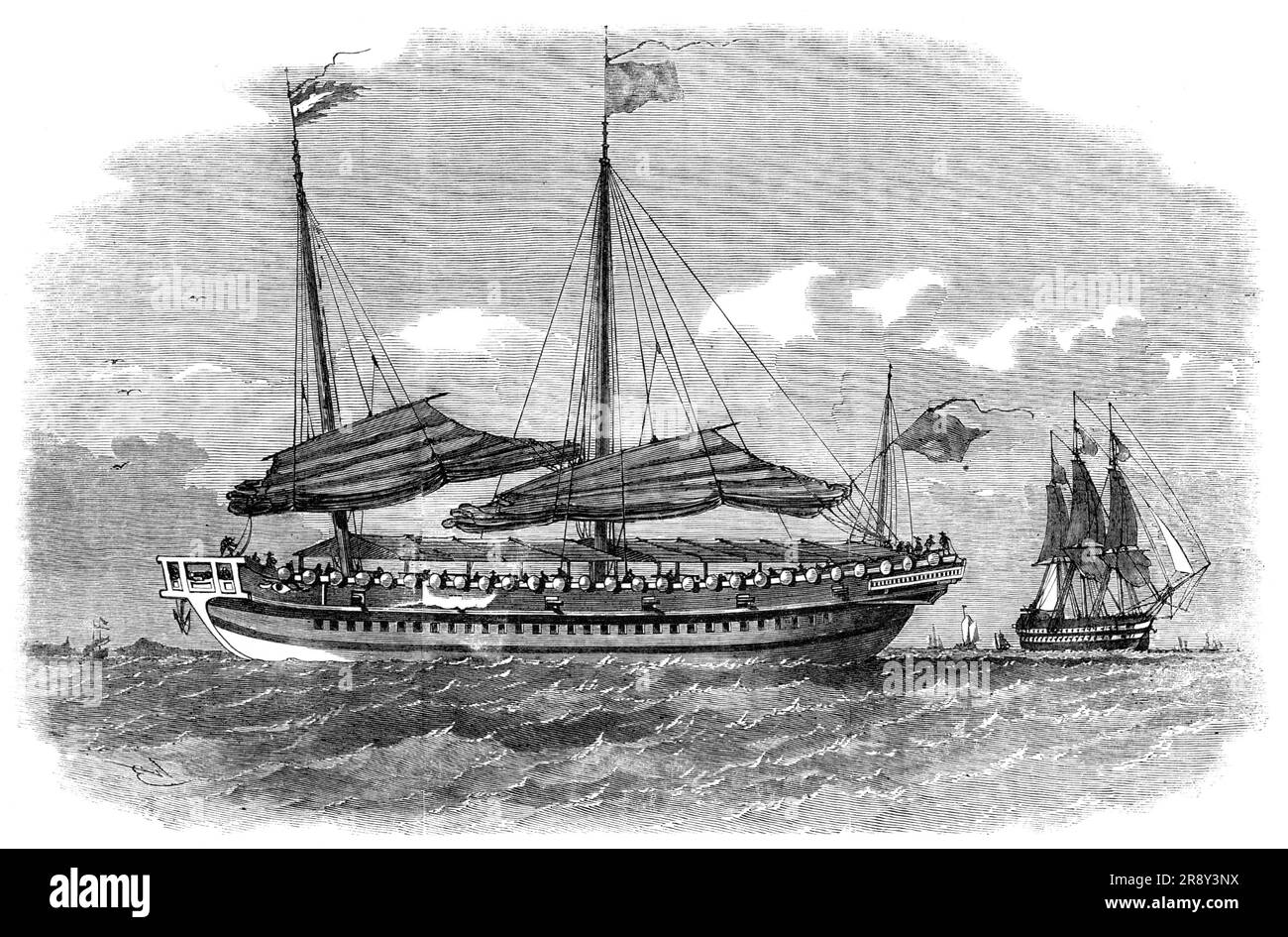 The War in China - Chinese Modern Junk of War: Second Class, 1857. Opium Wars. '...the progress of naval architecture in China has advanced far beyond what the people of that country might have been given credit for; and, though still carrying out their eccentric tastes in the more prominent features of their vessels, the shipping of the present day is of excellent and seaworthycharacter. In the place of the deep-waisted craft of former times, with head and stern forming nearly a half-circle, they have now vessels in which this peculiarity is greatly modified, and in some vessels entirely disp Stock Photo