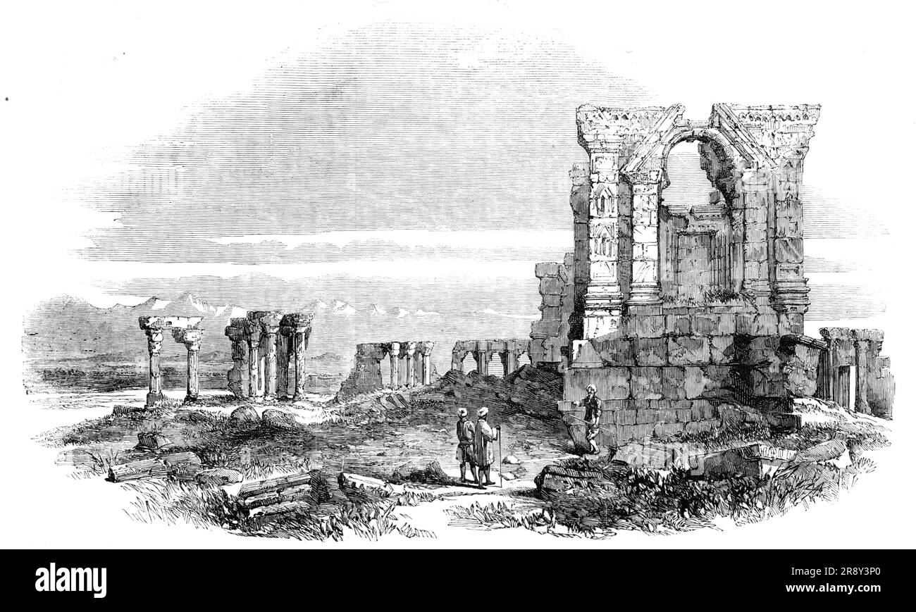 Sketches in Cashmere - Ruins of Ancient Temple, near Islambad, [modern Pakistan], 1857. Possibly a view of the Martand Sun Temple, an 8th-century Hindu temple. '...a picturesque group of ruins situated at the foot of the hills three miles east of the town of Islambad, on the north side of the Behut, or Jhelum...The ruins are the remains of a temple, said to be built 500 B.C, They consist of two large rooms, each about thirty feet long, surrounded by a quadrangular colonnade, about 100 yards square. The granite blocks of which the temple is built are of immense size; every particle has once bee Stock Photo