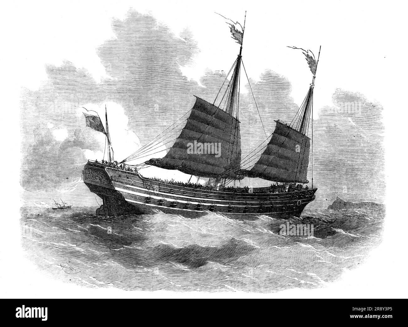 The War in China - Chinese Modern First-Class Junk of War, 1857. Second Opium War. '...the junks of the first class carry guns between decks, like our frigates, and of a calibre that has astonished the officers of H.M. ships now in their waters, many of the guns taken being larger in bore and weight of metal than any we manufacture in this country. Great improvements have also taken place in the material of their sails, and in the general handling of their vessels. But one great peculiarity in the regular legitimate Chinese junk, outliving all other improvements and advances, is the large eye Stock Photo