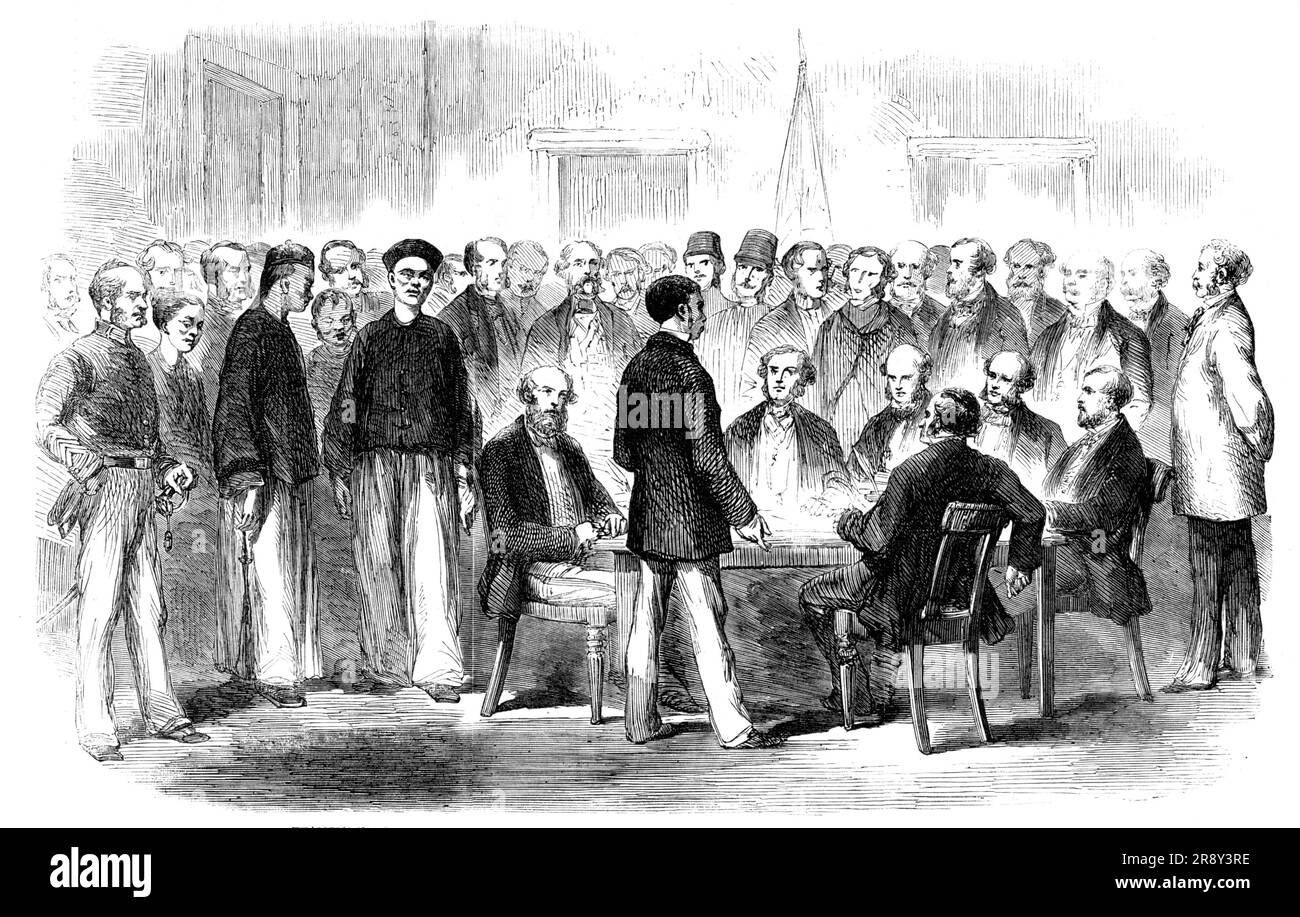 The War in China - Examination at the Police-Office, Victoria, Hong-Kong, of Esing, the Baker, upon the Charge of Poisoning, 1857. 'The Chinese in profile is Alum; the full-face is his father; and the Chinese woman behind is one of his wives...Esing (properly called Alum)...supplied the bread poisoned with arsenic from which so many people suffered in Hong-Kong, and who, with his father and eight of his workmen, are now on their trial for that crime...Two or three hundred people, altogether, had partaken of the poisoned bread, but no lives had been lost...Private letters from the Chinese Seas, Stock Photo