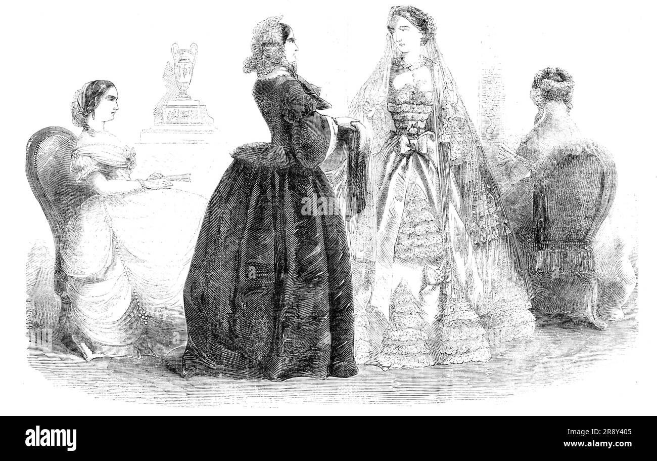 Fashions for March, 1857. 'Ball dress of white tulle, over a slip of white glac&#xe9;. The skirt is formed of three double jupes of tulle, gathered up in festoons by chains of pearl...Dress of velvet, of a beautiful hue of brown, at present very fashionable in Paris...The skirt of the dress is perfectly plain, without trimming of any kind; but it is made exceedingly full, and is sufficiently long behind to form a short train...(Bridal Costume). Double skirt of white satin, richly trimmed with Brussels lace. The lace is disposed in a novel and highly effective style. It is set on in pyramidal g Stock Photo