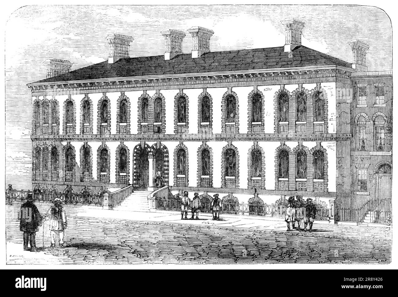 &quot;The Strangers' Home&quot;, West India Dock Road, Limehouse, [London], 1857. Lodgings for seamen. 'The building...is capable of accommodating 230 inmates, with apartments for superintendent, hospital, registry, shipping and secretary's offices, and, including lighting, warming, hot and cold baths and lavatories...The object of the institution is to offer to Indian sailors and other Orientals who come to England a comfortable and respectable lodging, with wholesome food, at a cost which shall render the institution self-supporting, Lodgers are to pay not less than eight shillings a week, f Stock Photo