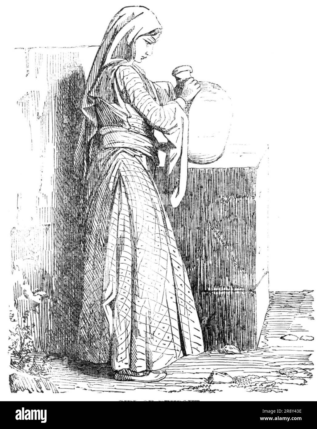 The Desert Route - Girl of Beyrout, 1857. 'The young lady who is reclining against the wall of the fountain, her water-pot resting on a stone against which she herself leans, is the daughter of a shopkeeper at Beyrout...[She] is a fair specimen of the general run of Beyrout beauty; her features and hands are good, and so are her feet, though ensconced in those unseemly yellow shoes trimmed with red bows; she wears stockings, which is a certain indication at Beyrout of being well to do in the world; her dress is a chequered-pattern Damascus silk, and. the shawl round her waist is of Tripoli man Stock Photo