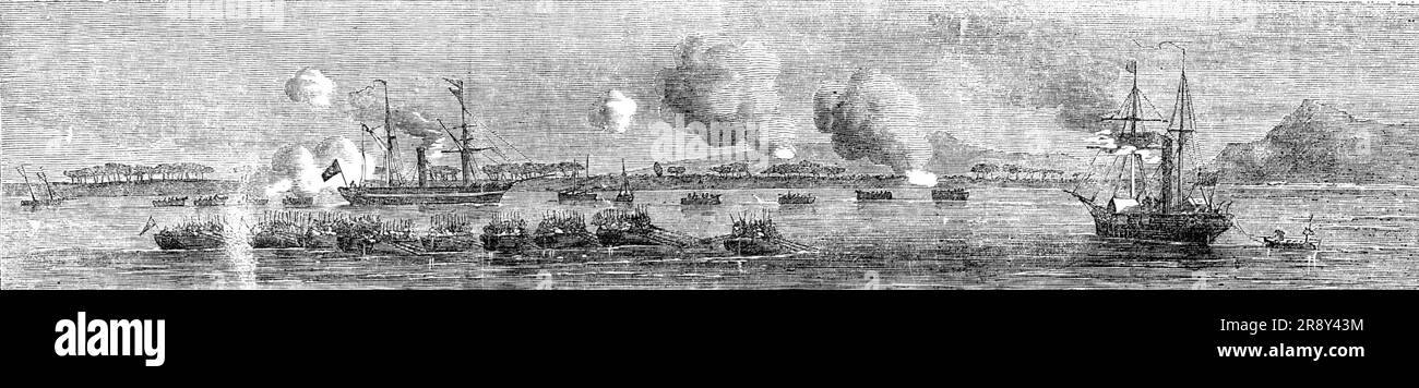 The Persian Expedition - 64th Regiment and Bombay (4th) Rifles, the &quot;Bombay&quot; Steamer aground, Gun-boats, the &quot;Sir Jamsetjee Jejeebhoy&quot;, Hallilah Hill, 1857. Sketch '...by an officer, in the Bushire Roads, showing part of what occurred during the attack and capture of Bushire...The Bay of Hallilah. On the right is Hallilah-hill. Near the first clump of date-trees (on the right) is the place for landing...The gun-boats were stationed here to defend the landing of the troops. The firing commenced on Sunday, Dec. 7, at about half-past six in the morning, from the gun-boats, and Stock Photo