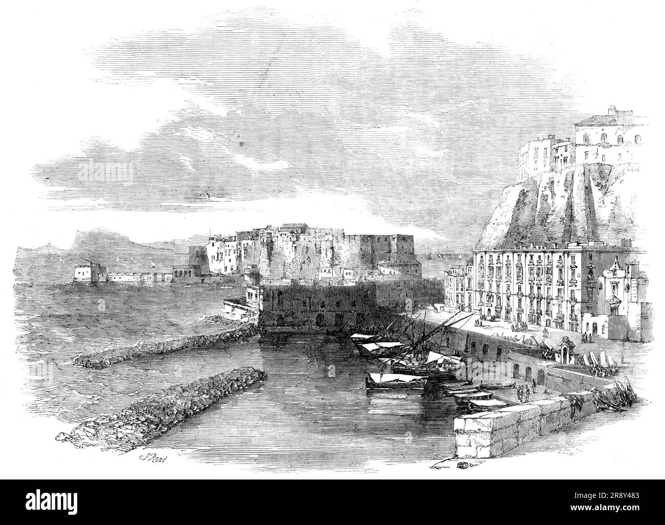 Pizzofalcone and Castello dell'Uovo, at Naples, 1857. 'Castello dell'Uovo...is situated on a small rocky island, once called Megari, and derives its name from its shape. It was built by William I., in 1154...in 1221, King Frederic completed and much strengthened the building. In the fifteenth century King James fled to this castle from the persecutions of his wife, the Queen Johanna...it has always been deemed an important point by the Sovereigns of this country. Weak for external resistance, it is strong for the maintenance of the order of the city, and to such an object it seems now to be ap Stock Photo