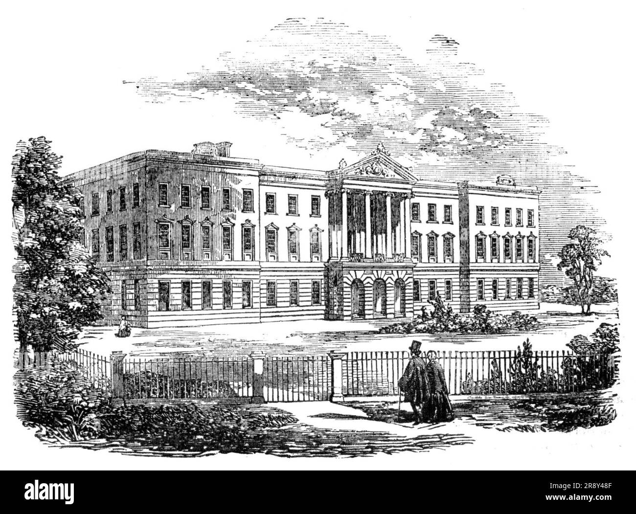 St. Ann's Royal Asylum, Brixton, 1857. In 1800 '...the governors [of St. Ann's Society] determined to open a country asylum for the entire maintenance and education of 20 additional boys and girls, and Brixton-hill was chosen for the site of the new school. The present building was erected in 1829: it is a handsome edifice of three stories, surmounted by a cornice and parapet, and fronted centrally by an Ionic portico and pediment...The health of the children was reported to be good, and every means had been adopted to improve their intellectual culture - a reading-room, library, and museum ha Stock Photo