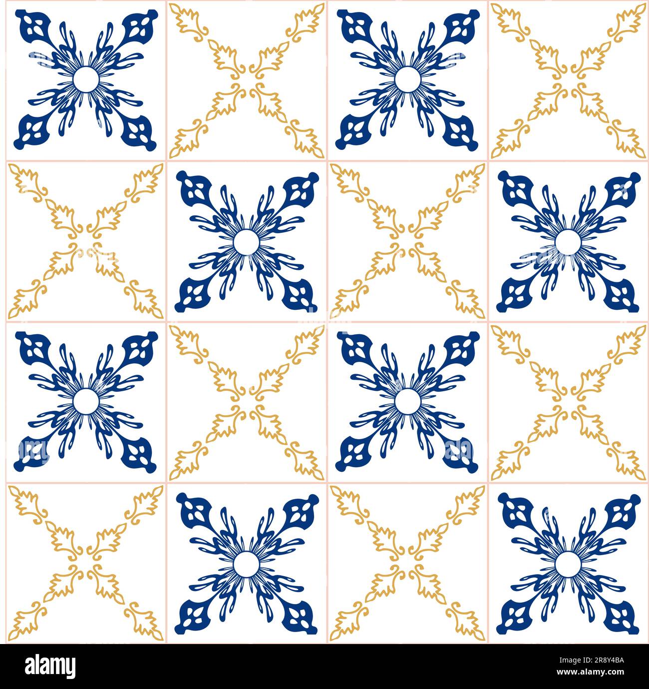 Geometry seamless pattern in Portugal style yellow and blue ornament. Azulejo vector, fashion interior design tiles. Ornamental textile background Stock Vector