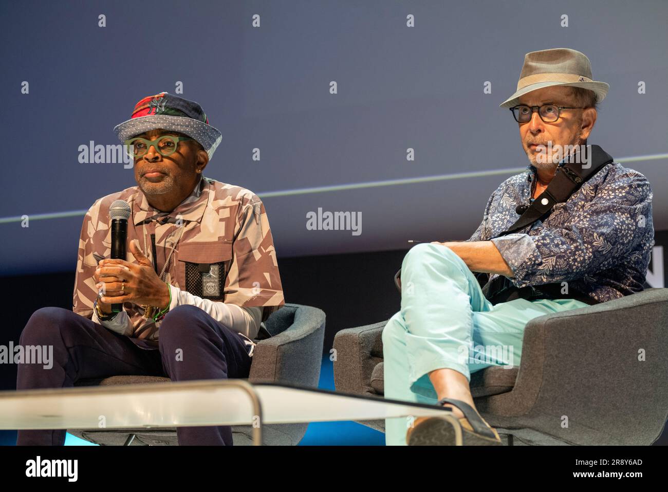Cannes, France - June 23 2023: Spike Lee (Academy Award-winning filmmaker, CEO DDB Spike Lee) and Barry Brown (Editor, Writer, Director, B A Brown Inc) attended on stage during the Creative Maker of the Year Seminar: Spike Lee session at the Cannes Lions 2023 © ifnm press Stock Photo
