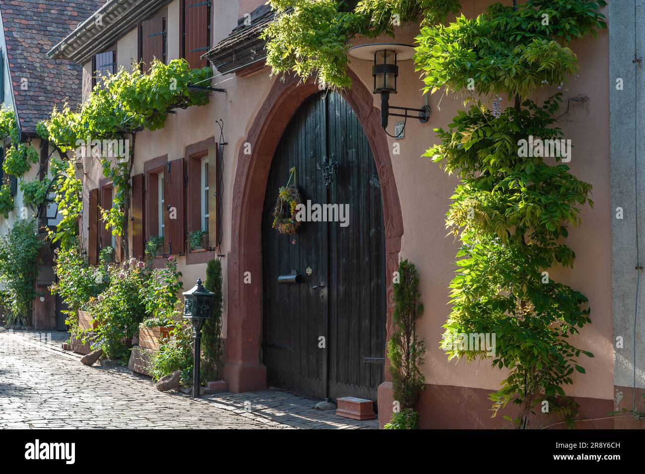 Decorative house facade in historic Theresienstrasse, Rhodt unter Rietburg, Palatinate, Rhineland-Palatinate, Germany, Europe Stock Photo
