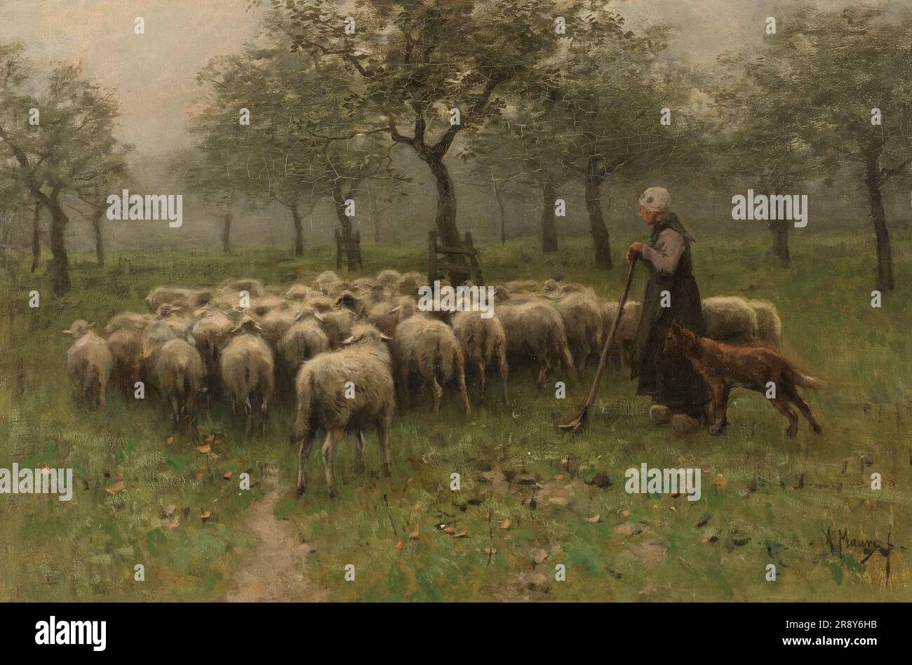 Shepherdess with a Flock of Sheep, c.1870-c.1888. Stock Photo