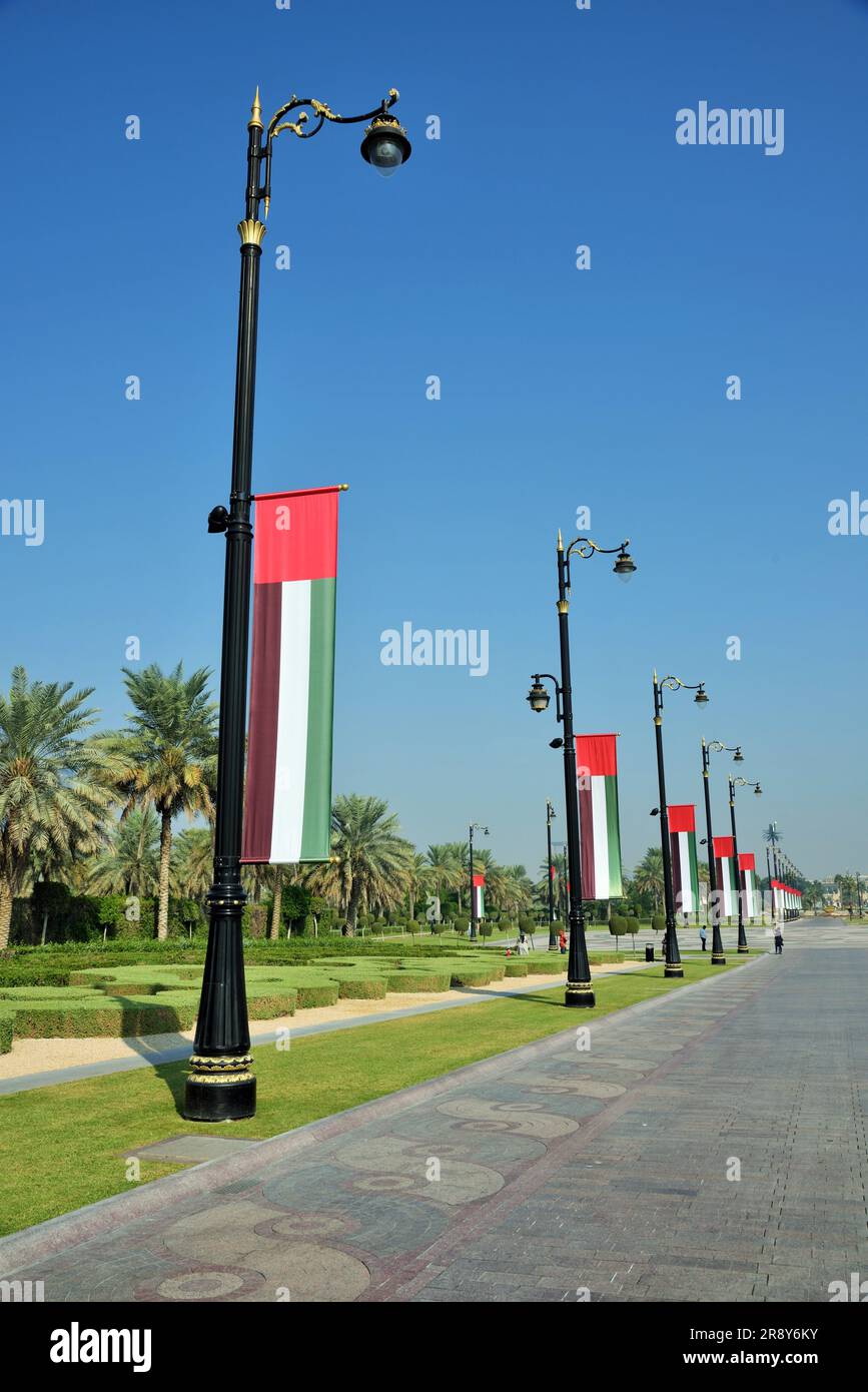Light Pole, Flag of Dubai, Zaabel Palace, Zabeel Palace, Dubai, UAE, United Arab Emirates, Middle East Stock Photo