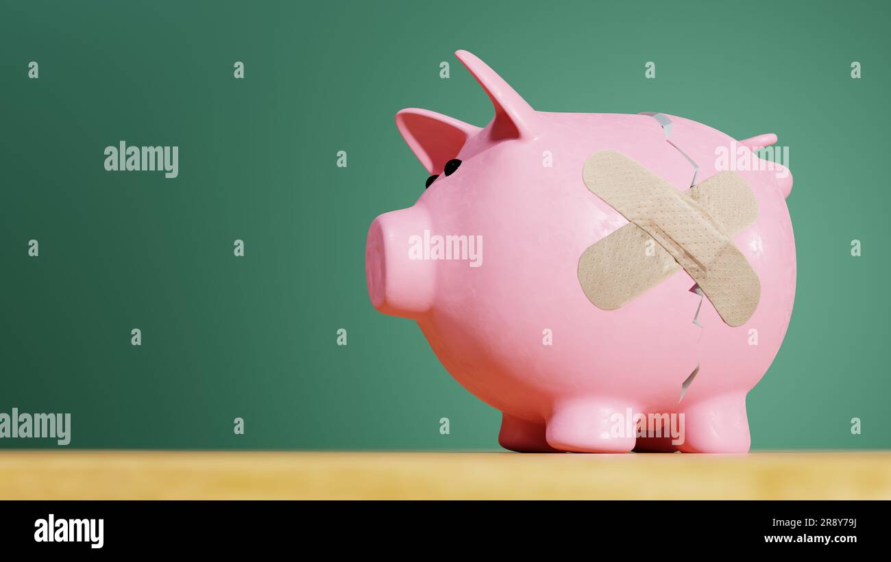 A Pink piggy bank cracked with a bandaid repair with green background