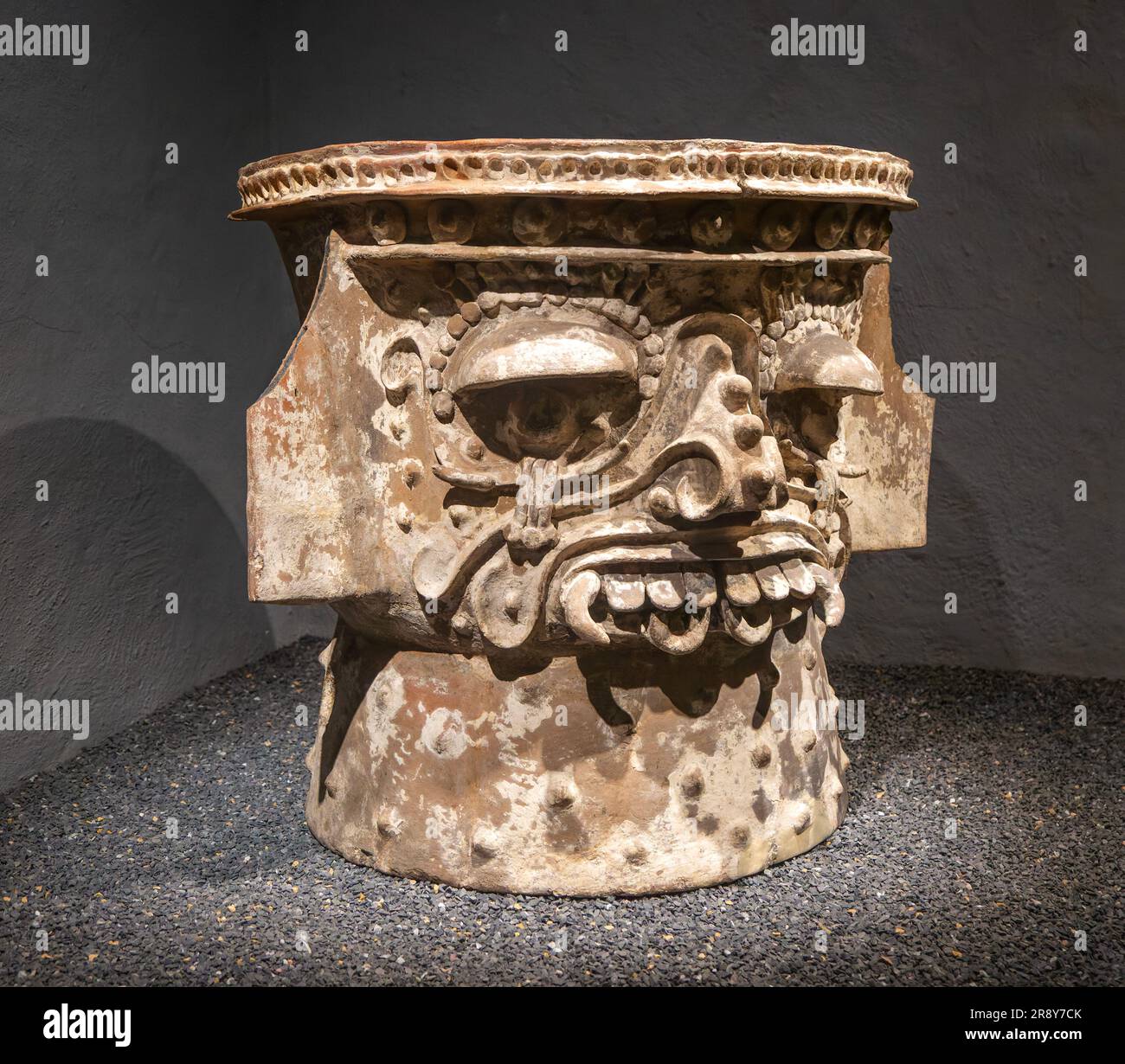 Ceramic brazier depicting face of Tlaloc, Aztec god of rain ...