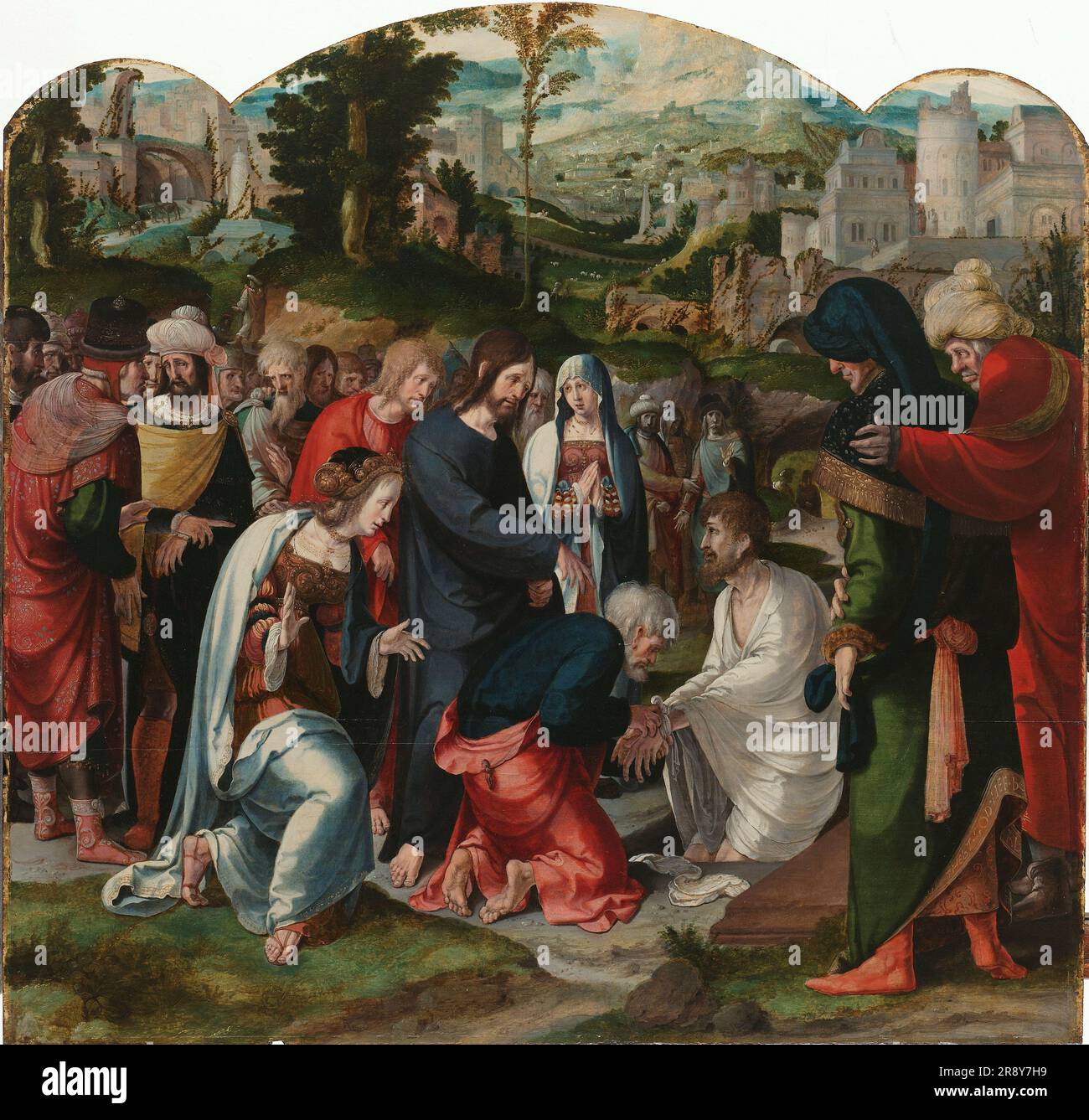 The Raising of Lazarus, c.1530-c.1535. Other Title(s): Centre Panel of a Triptych with the Raising of Lazarus. Although there is no mention of it in the gospel, the artist shows St Peter loosening Lazarus&#x2019;s shroud, possibly as a symbol of freeing him from sin. This element was undoubtedly taken from another source, quite possibly a play about Lazarus of c. 1530. The inscription on the hem of the robe of the second man from the right in the foreground is a reference to Matthew 22:37. Stock Photo
