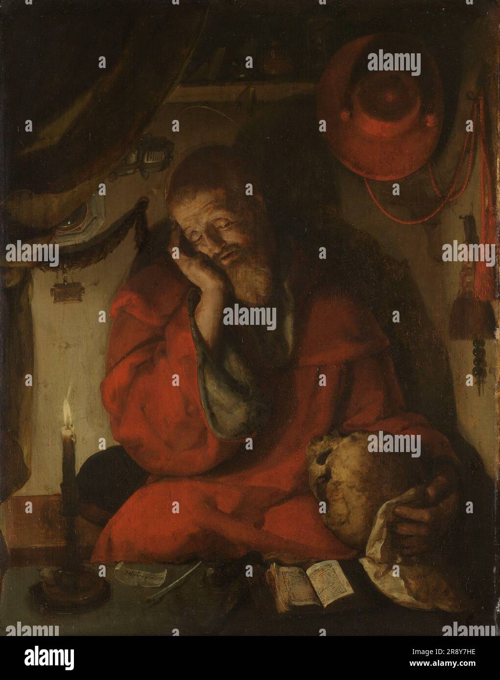 Saint Jerome in his Study by Candlelight, c.1520-c.1530. Other Title(s): Saint Jerome in his Study by Candlelight. Saint Jerome behind his desk, leaning on his right hand and holding a skull in the other one, in a room illuminated by a candle. His pose, with his eyes half or fully closed, expresses melancholy. Lying on the desk before him are a small illuminated book, writing implements and a note with the words &#x2018;Respice fin[e]m&#x2019; (Consider the end). Hanging on the wall in the right background is St Jerome&#x2019;s red cardinal&#x2019;s hat, with a brush (the symbol of purity) and Stock Photo