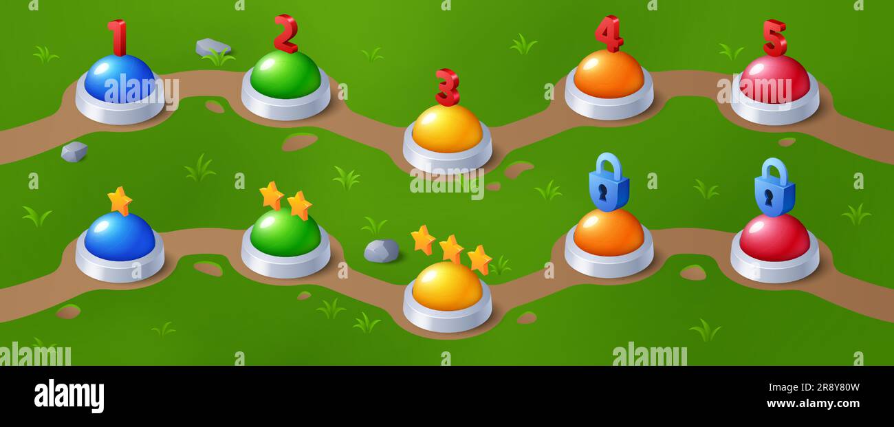 Game level progress indicator on green lawn. Vector cartoon illustration of  colorful buttons marked with numbers, closed locks and bonus golden stars  along road. Gaming user interface design element Stock Vector Image